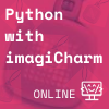 fuschia square with imagicharms layered in background, Coder Kids icon